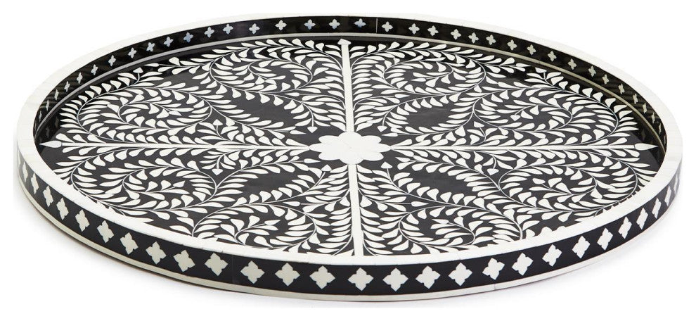Two's Company Jaipur Palace Black and White Decorative Round Serving Tray
