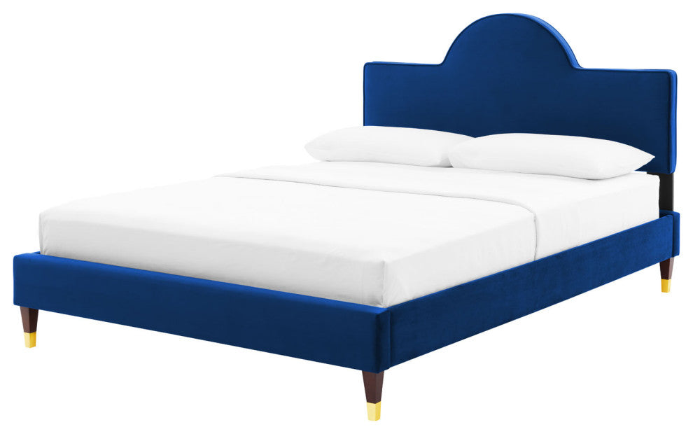 Platform Bed Frame, King Size, Blue Navy, Velvet, Modern, Bedroom Guest Suite