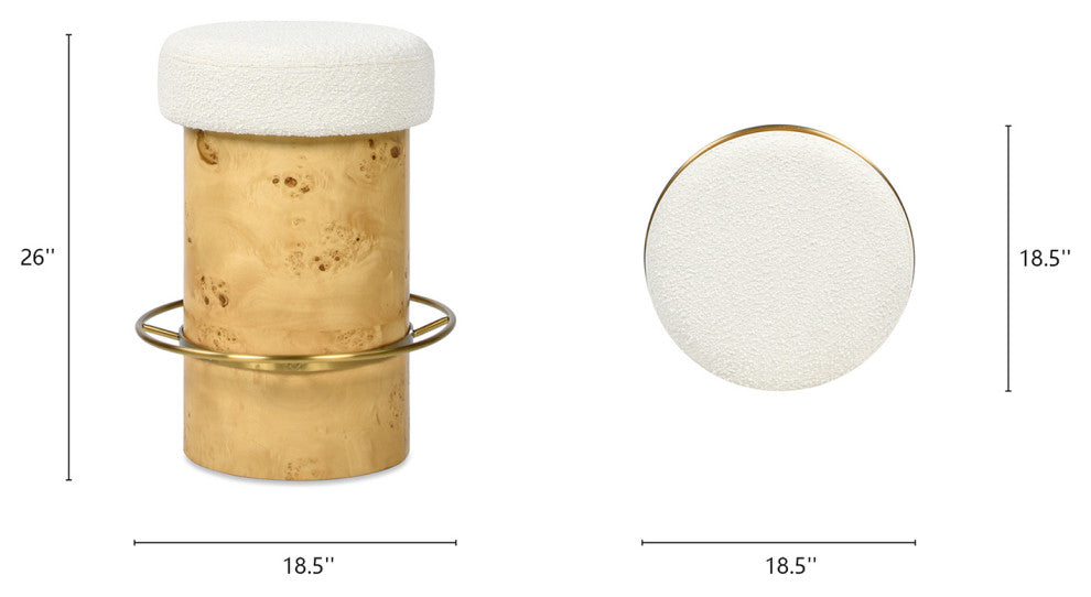 Nebula 26" Backless Round Burl Wood Counter Stool, Ivory White Boucle