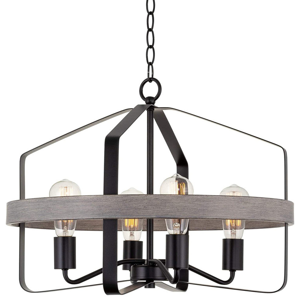 4 Light Farmhouse Chandelier Industrial Black Pendant Light With Wood Style