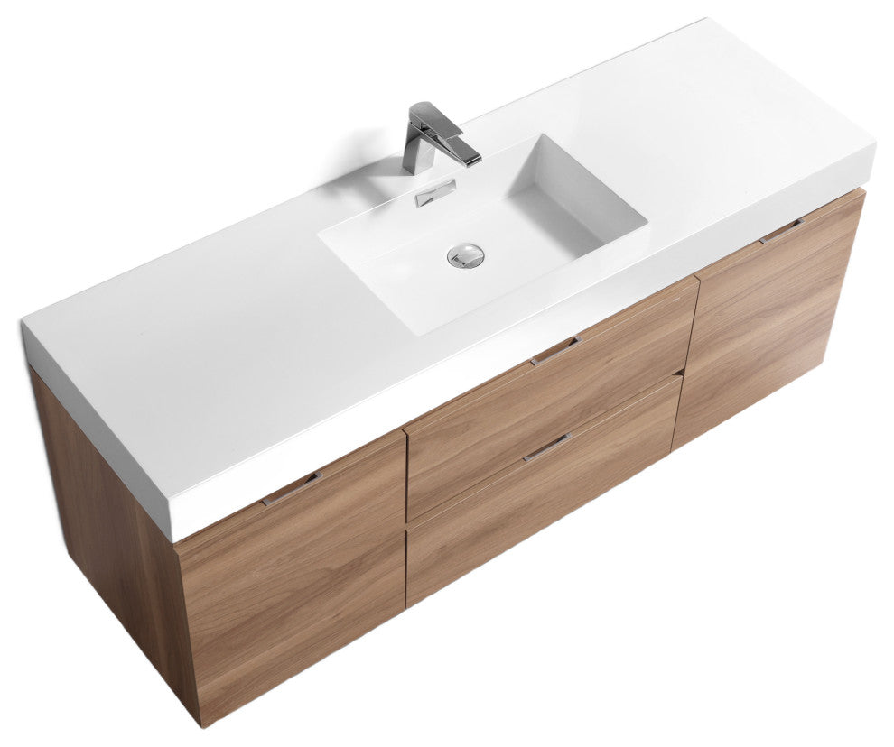 Bliss 60'' Wall Mount Single Sink Modern Bathroom Vanity, Honey Oak