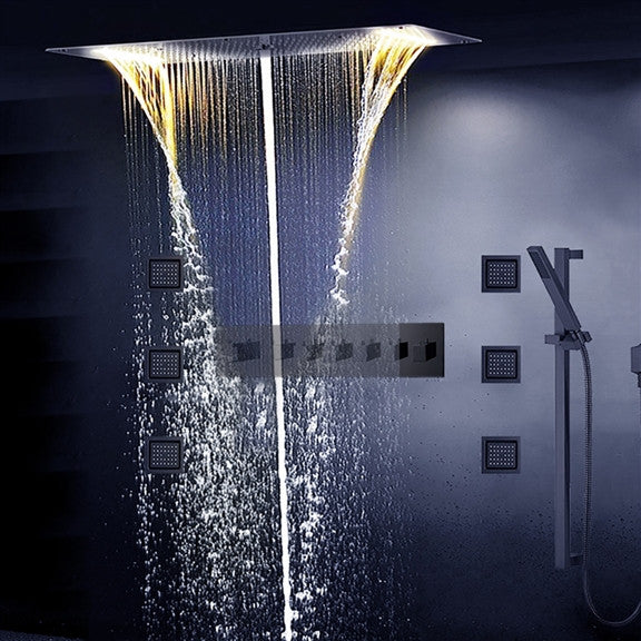 LED 6 Way Thermostatic Shower System With Body Massage Jets and Handheld Shower