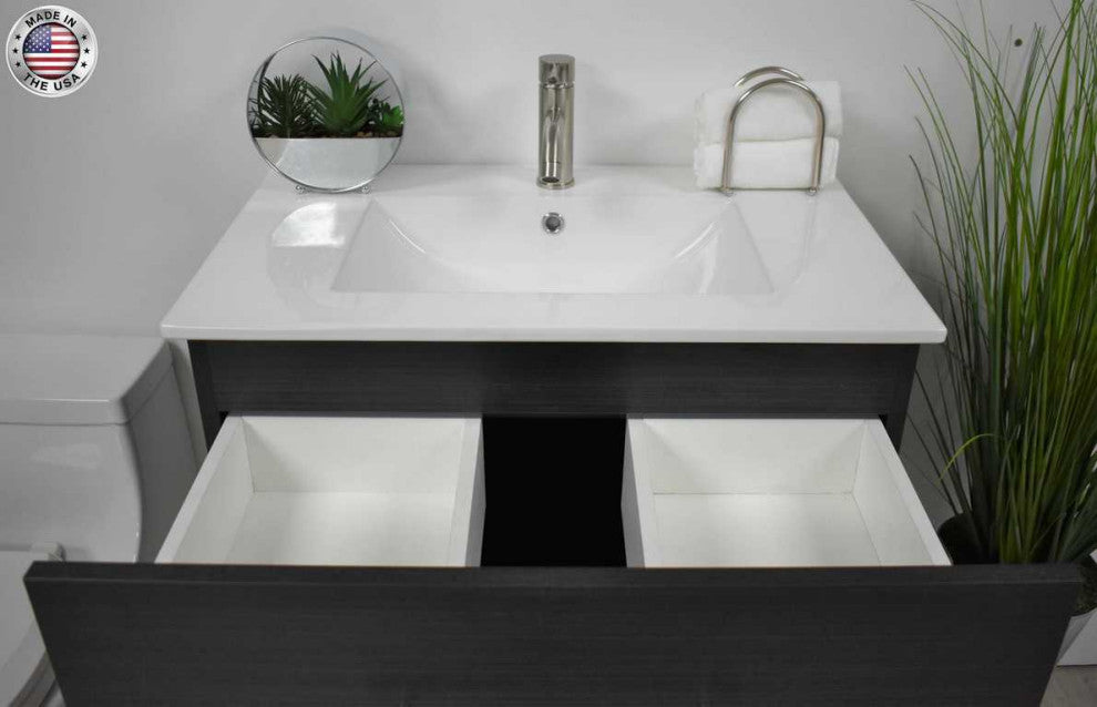 Napa 30" Modern Floating Bathroom Vanity With Ceramic Top and Round Handles, Black Ash