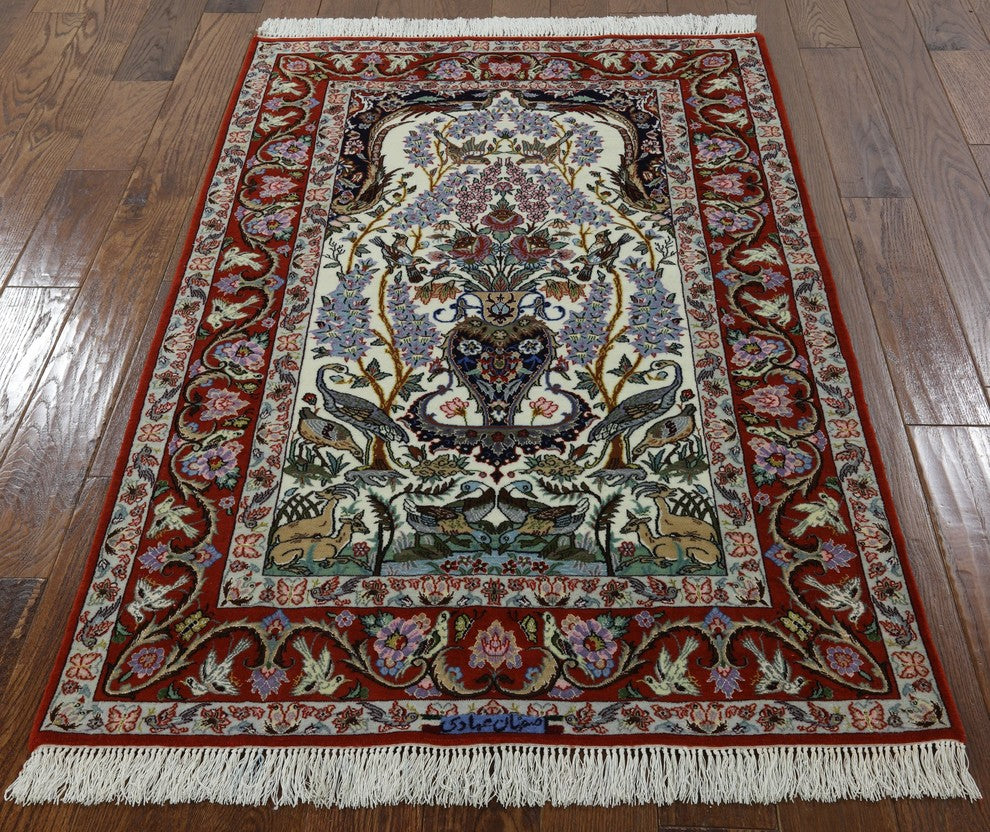 Signed Hand Knotted Wool and Silk Authentic Persian Isfahan Area Rug, 4'x5'