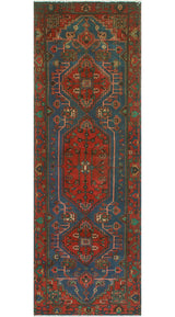 Fine Vintage Distressed Andric Red/Blue Runner, 3'5 x 10'2