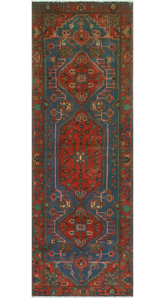 Fine Vintage Distressed Andric Red/Blue Runner, 3'5 x 10'2
