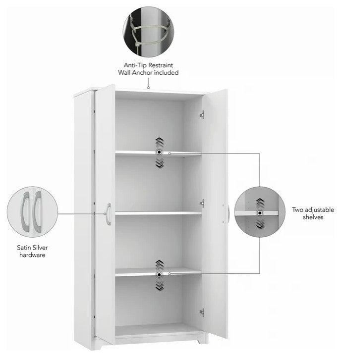 Transitional Storage Cabinet, Wooden Frame With Adjustable Shelves, White