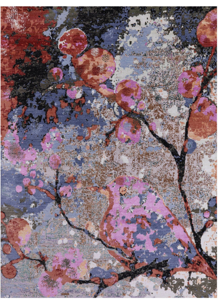 Modern Bird Design Hand Knotted Wool and Silk Rug 8' 11" X 12' 1" Q6831