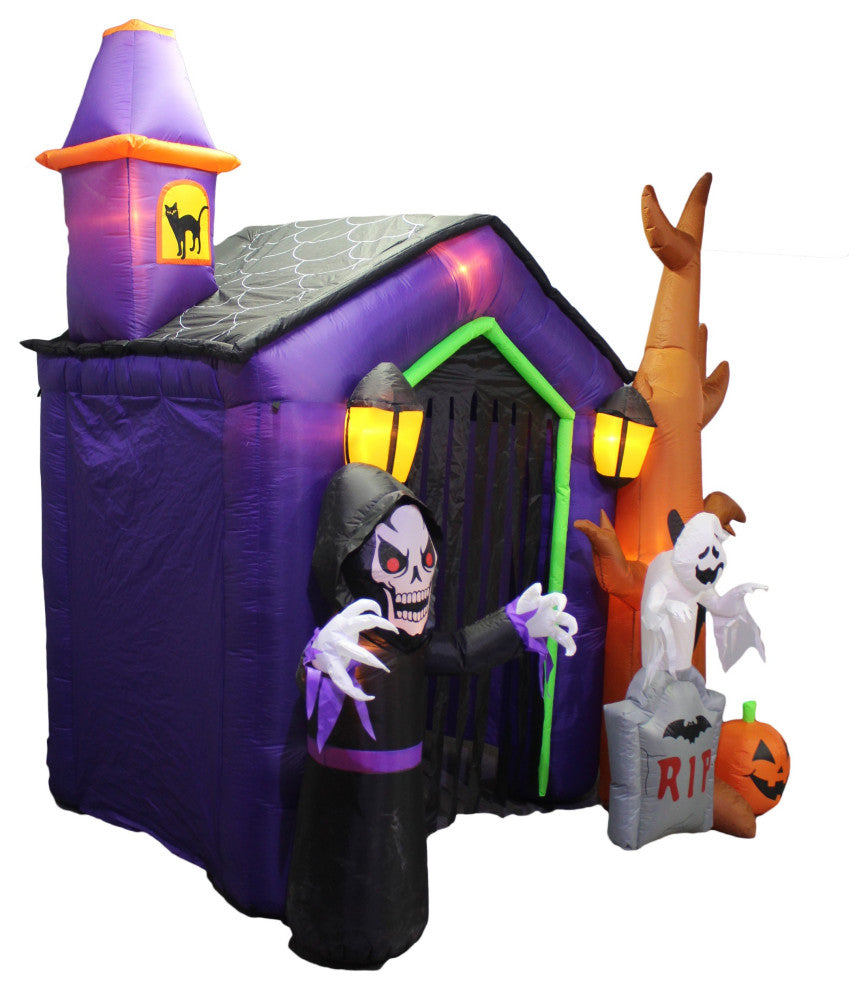 8.5' Tall Halloween Inflatable Haunted House Skeleton Ghost and Tombstone