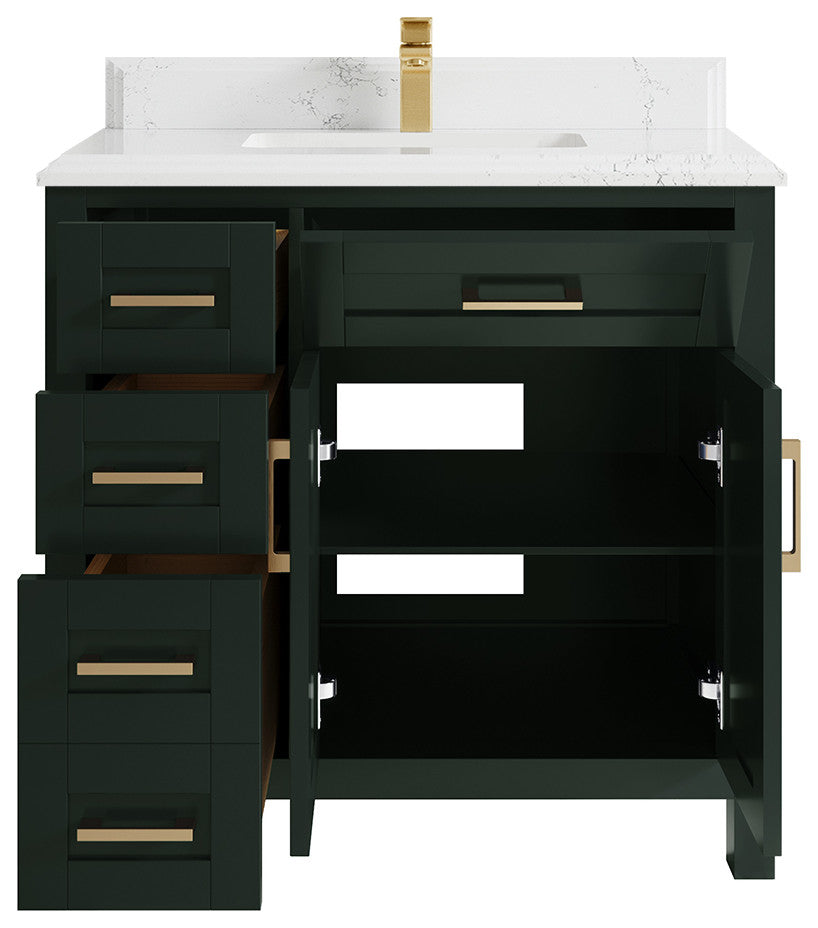Cambridge 36 Center Sink Bath Vanity in Dark Forest Green 1.5" Empira Quartz