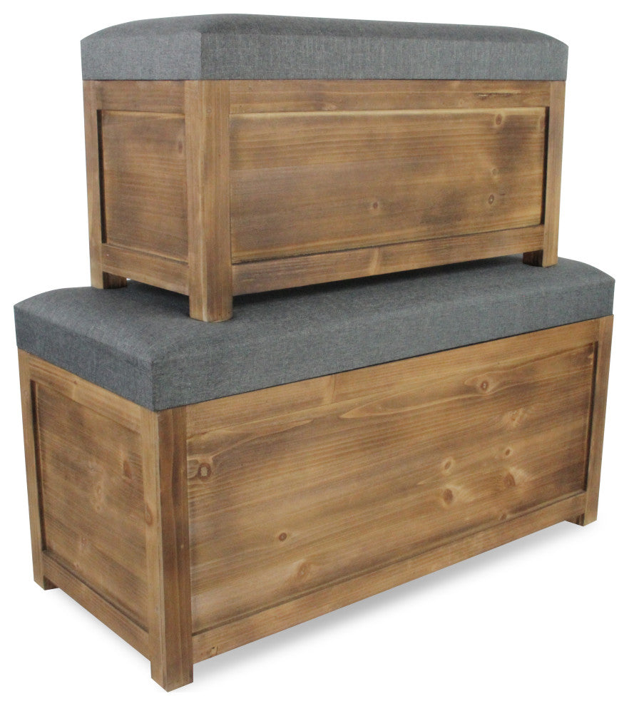 Storage Benches, Light Brown Wood, Gray Cushion, Hinged Lid, 2-Piece Set
