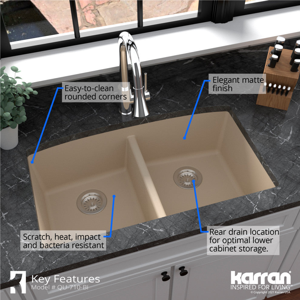 Karran Undermount Quartz 32" 50/50 Double Bowl Kitchen Sink Kit, Bisque