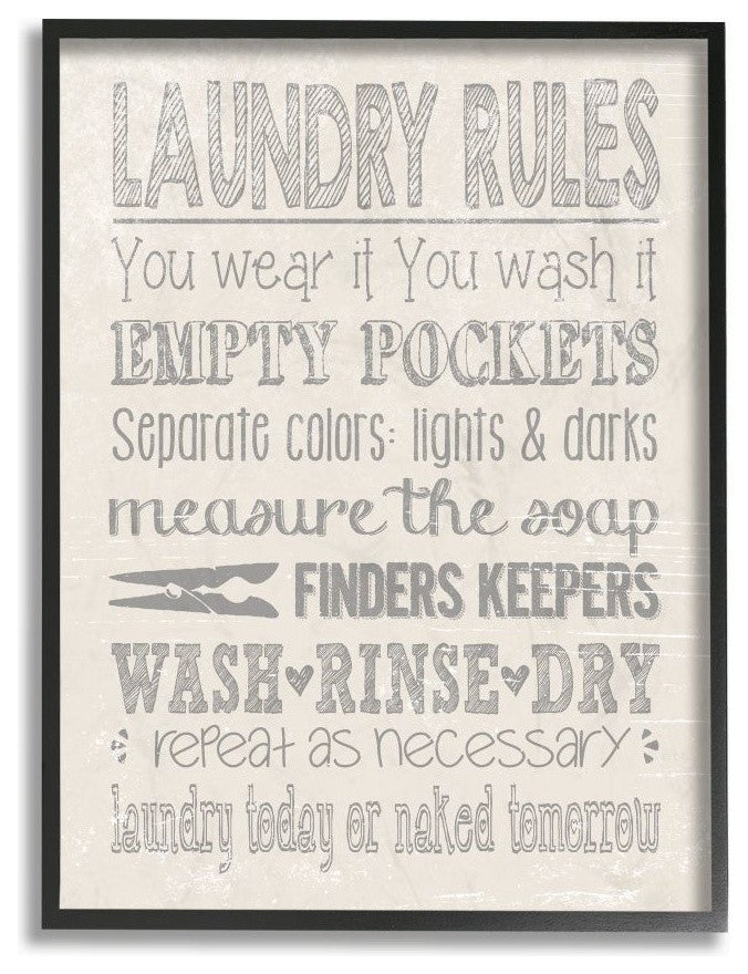 Soft Gray Textured Laundry Rules Wash Rinse Dry Typography, Framed, 16"x20"