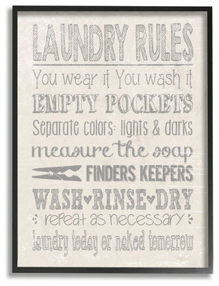 Soft Gray Textured Laundry Rules Wash Rinse Dry Typography, Framed, 16"x20"