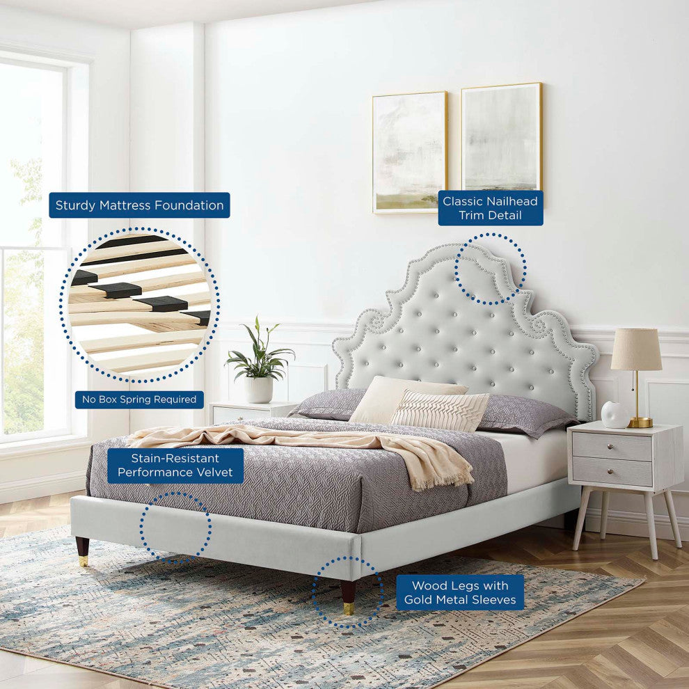 Tufted Platform Bed Frame, Queen Size, Velvet, Gray, Modern Contemporary