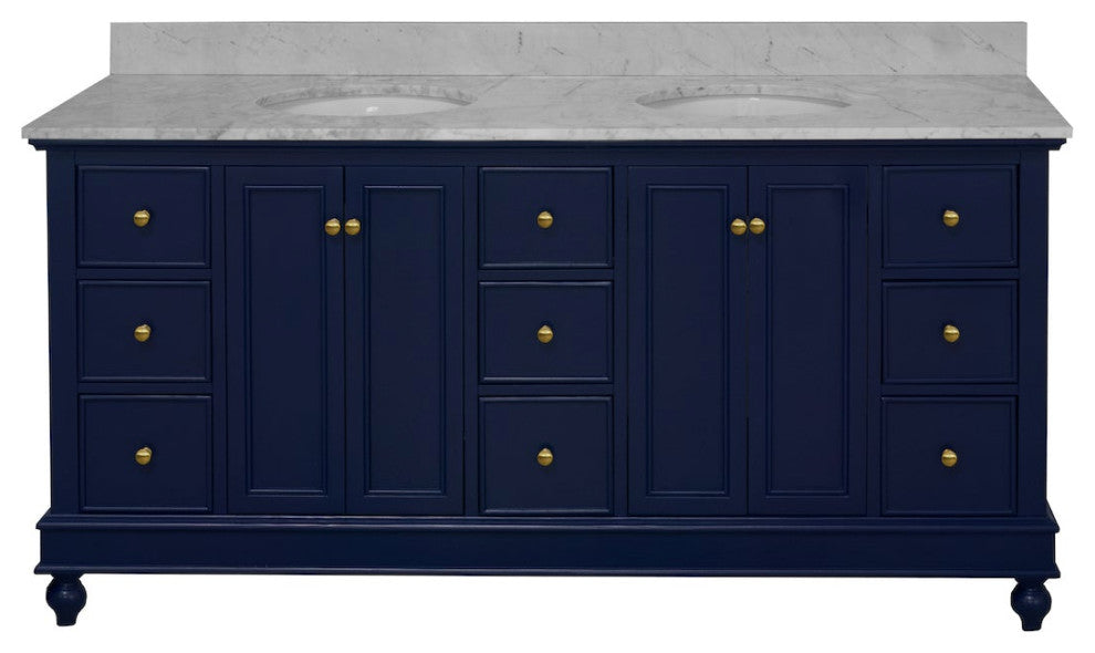 Bella 72" Double Bath Vanity, Base: Royal Blue, Top: Carrara Marble