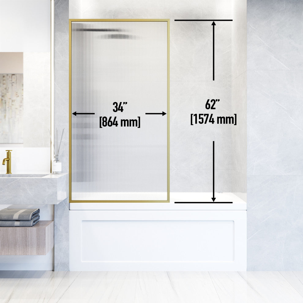 VIGO Meridian Framed Fixed, Matte Brushed Gold, Tub Screen, 34" W X 62" H, Fluted Glass