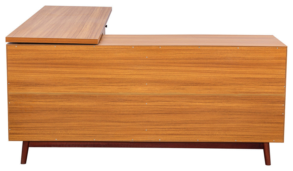 Modern L-shaped Executive Desk, Delicate Tempered Glass Cabinet Storage, Teak