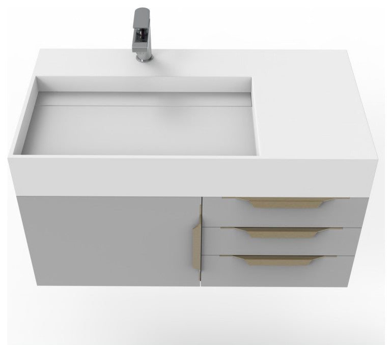 CastelloUSA Amazon 36" Wall Mount Vanity Set, Gray, White Top, Gold Handles