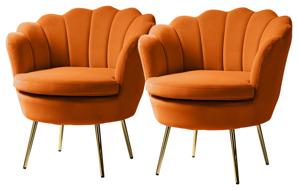 Velvet Accent Barrel Chair With Scalloped Seashell Edges Set of 2, Orange