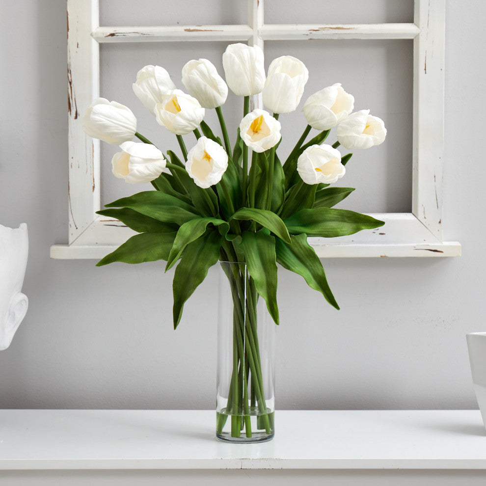 23in. Artificial Tulip Arrangement with Cylinder Glass Vase