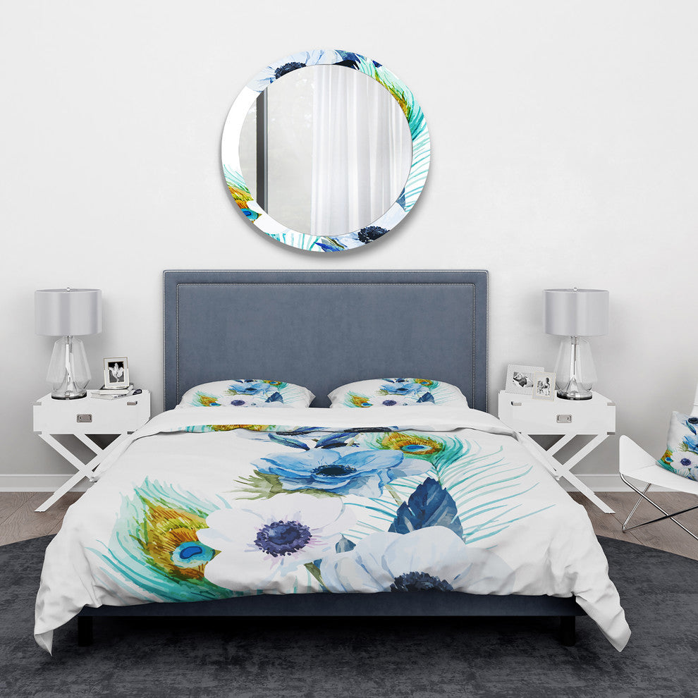 Handpainted Anemones and Peacock Feathers Floral Duvet Cover, King