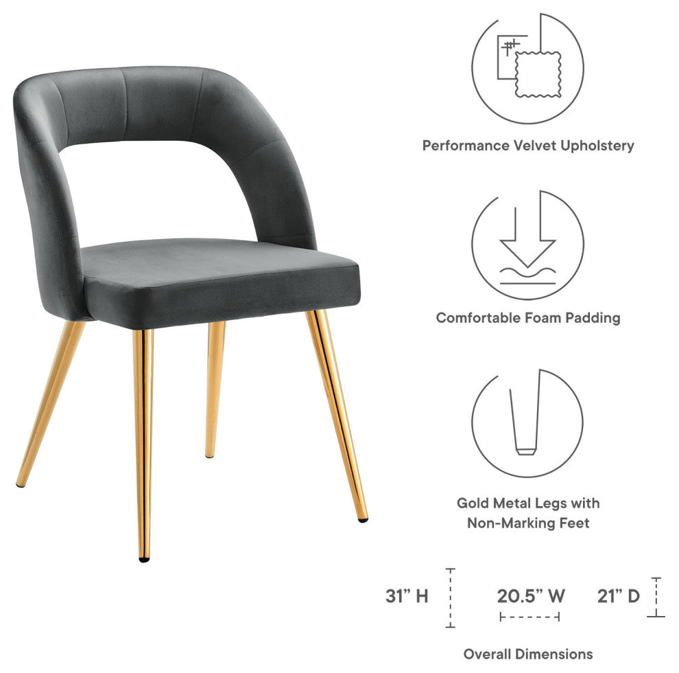Dining Chair, Set of 2, Gold Gray, Velvet, Modern Cafe Bistro Hospitality