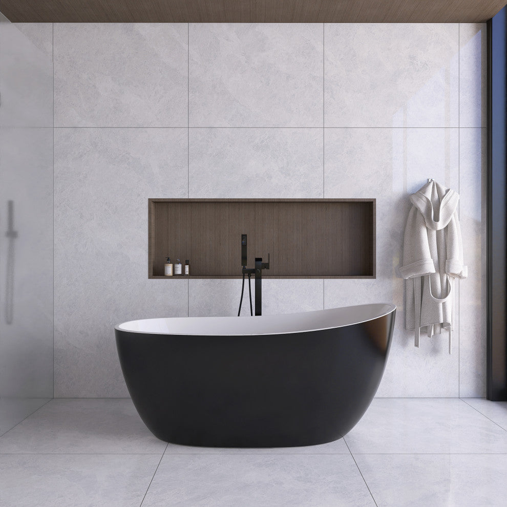 Acrylic Slipper Freestanding Flatbottom Soaking Bathtub, Black, 59"29"