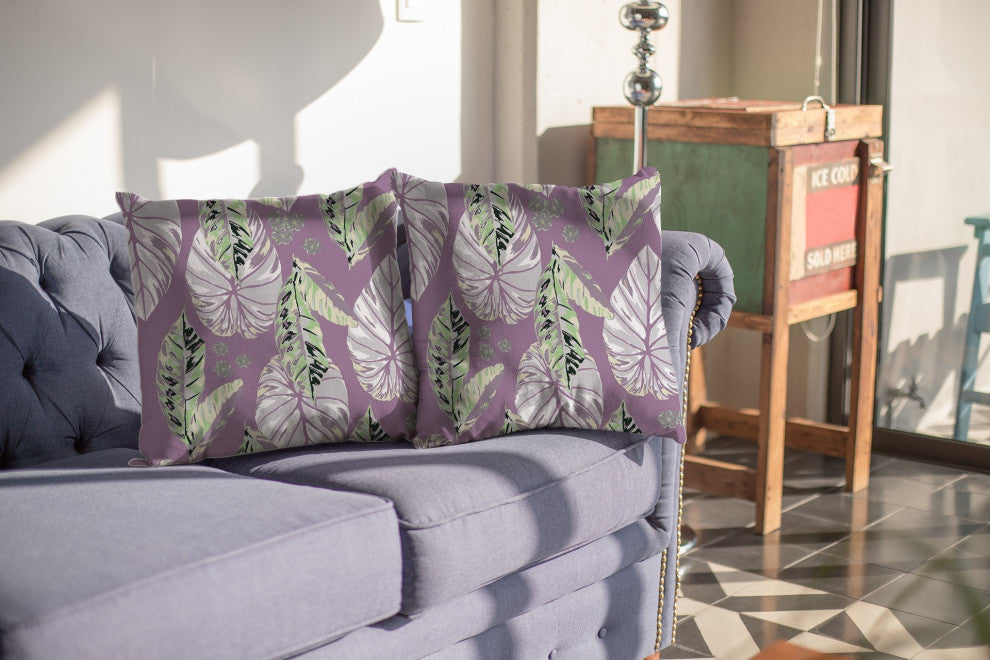 16" White Purple Tropical Leaf Suede Throw Pillow
