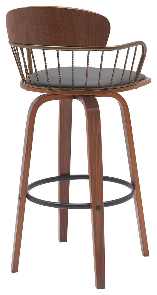 Willow 25.5" Swivel Walnut Wood Counter Stool Gray Faux Leather and Bronze Metal, 30