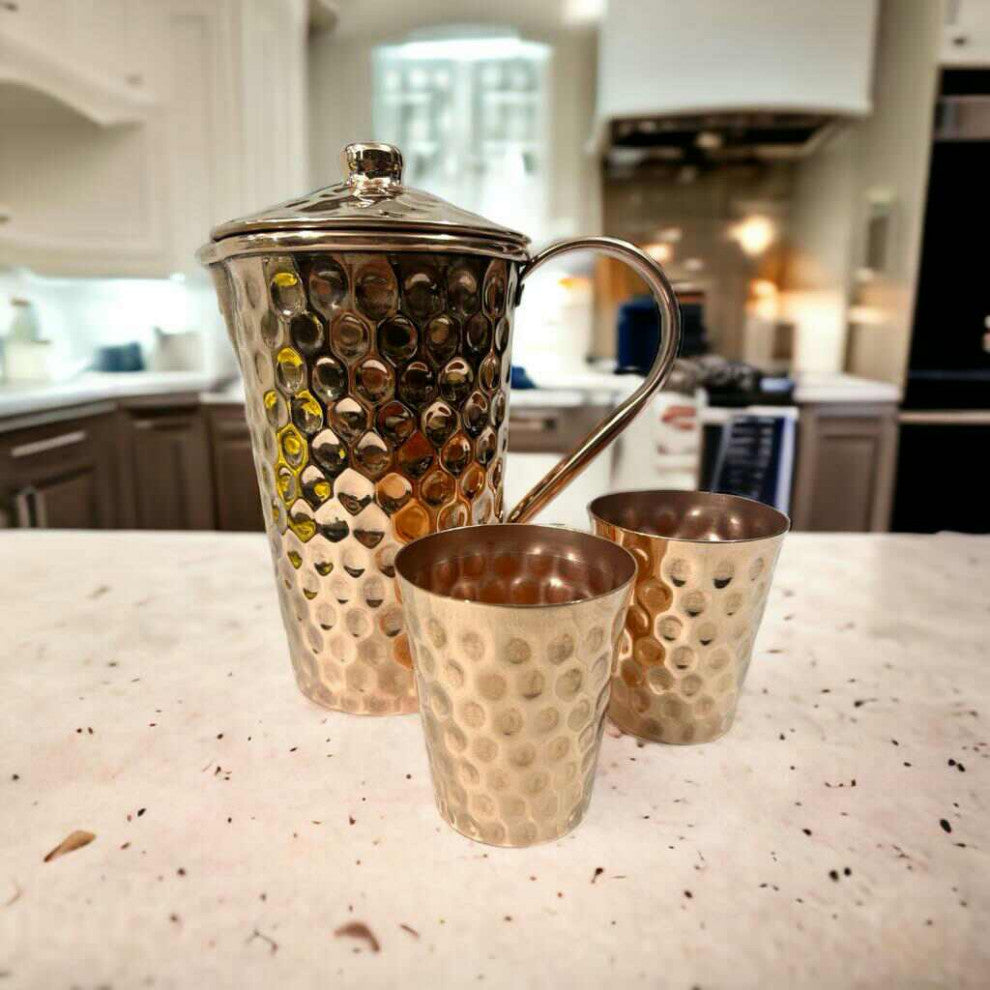 Set of 1 Hammered Copper Pitcher & 2 Tumblers