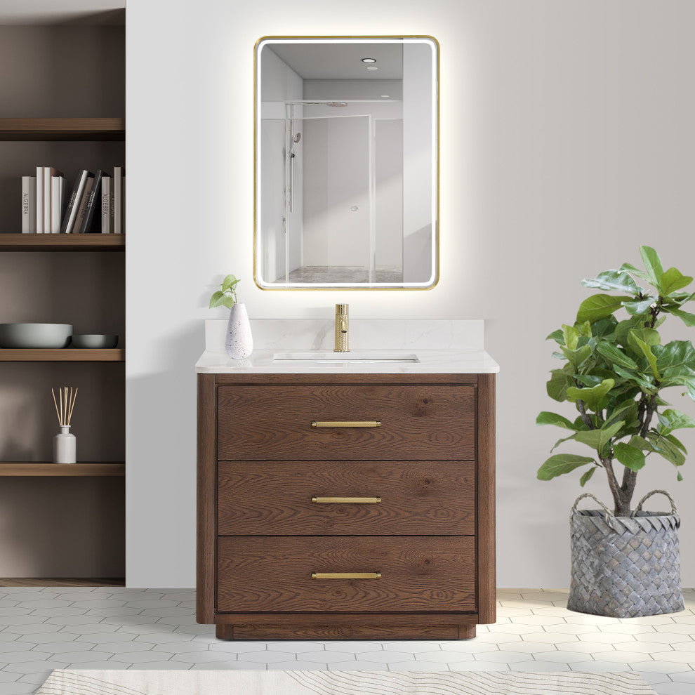 Porto Bath Vanity with White Quartz Stone Top, Dark Brown Oak, 36 in., No Mirror