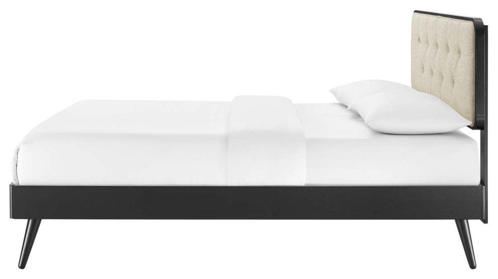 Platform Bed Frame, King Size, Wood, Black Beige, Modern Mid-Century, Bedroom