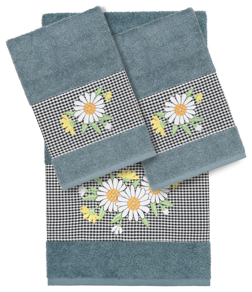 Linum Home Textiles Turkish Cotton Daisy 3-Piece Embellished Towel Set, Teal