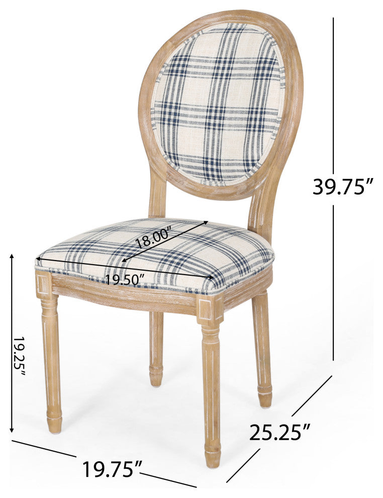 Lariya French Country Fabric Dining Chairs (Set of 2), Dark Blue Plaid + Natural, Two (2) Dining Chairs