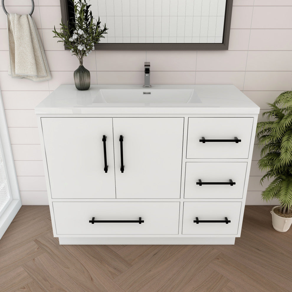 Victoria 42" Solid Wood Bath Vanity Right Side Drawers, Glossy White