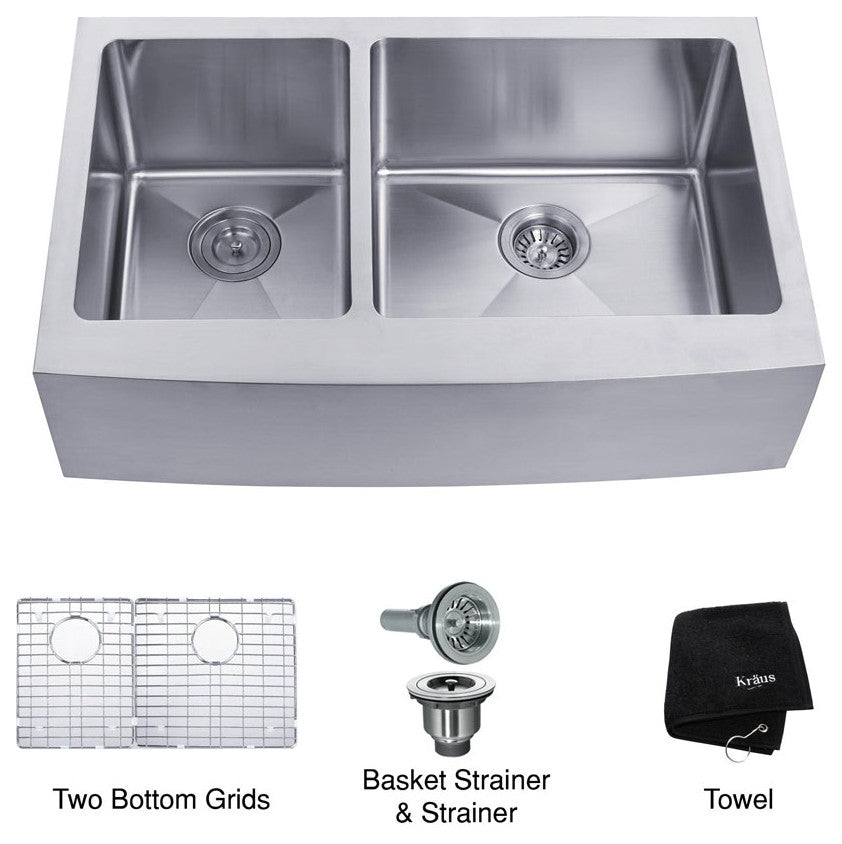 Kraus KHF204-33 33 inch Farmhouse Double Bowl Stainless Steel Kitchen Sink