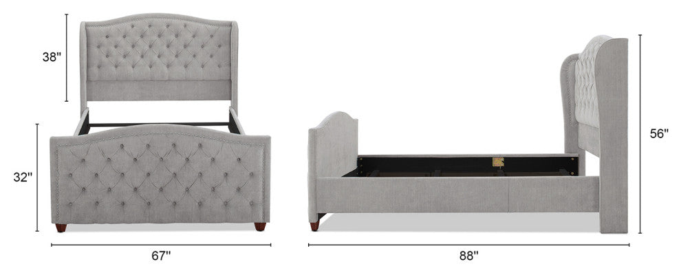 Marcella Upholstered Tufted Shelter Wingback Panel Bed, Silver Grey Polyester, Queen