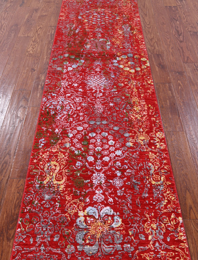 2' 7" X 12' 1" Runner Modern Handmade Wool and Silk Rug Q11819