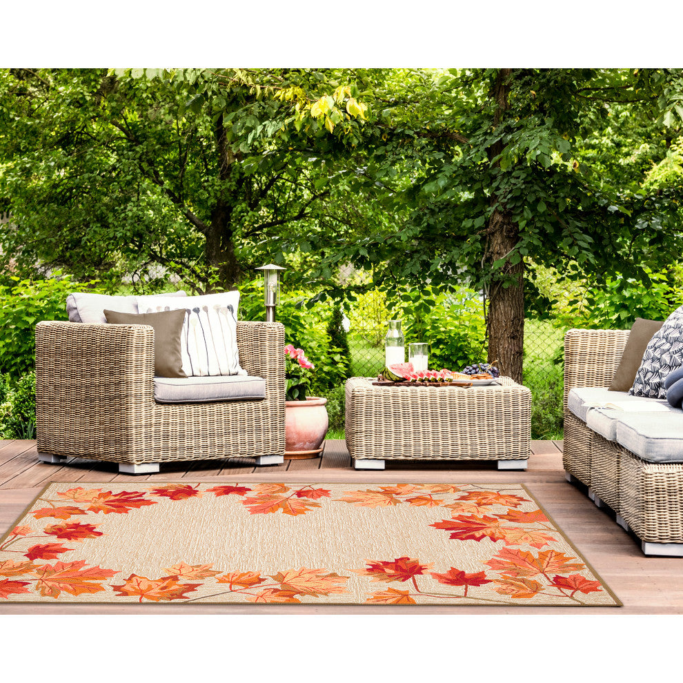Ravella Falling Leaves Border Indoor/Outdoor Rug Natural 5'x7'6"
