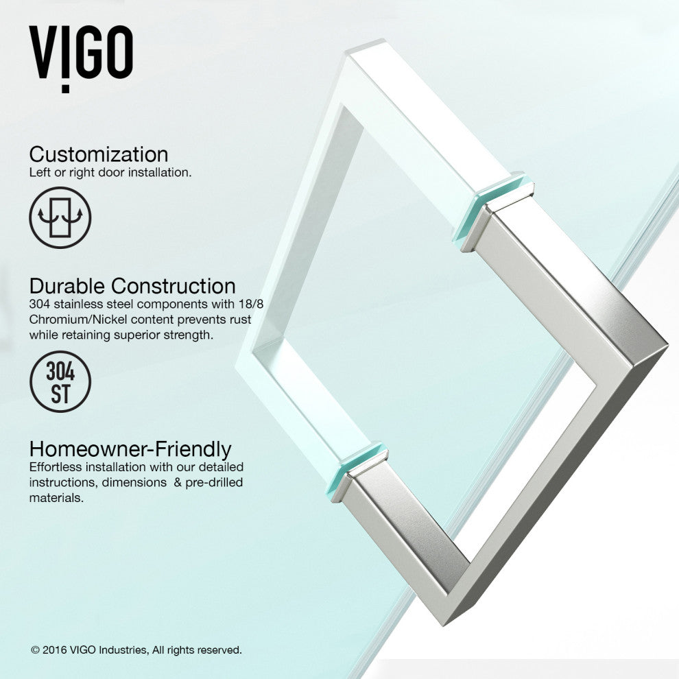 VIGO Ryland 60" to 62" W x 73" H Frameless Track Sliding Shower Door, Stainless Steel, Clear Glass