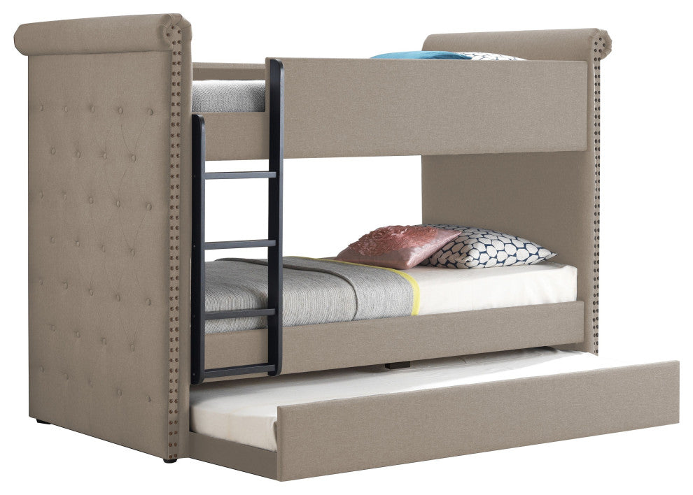 Benzara BM214899 Twin Size Bunk Bed With Nailhead Trim, Beige/Black