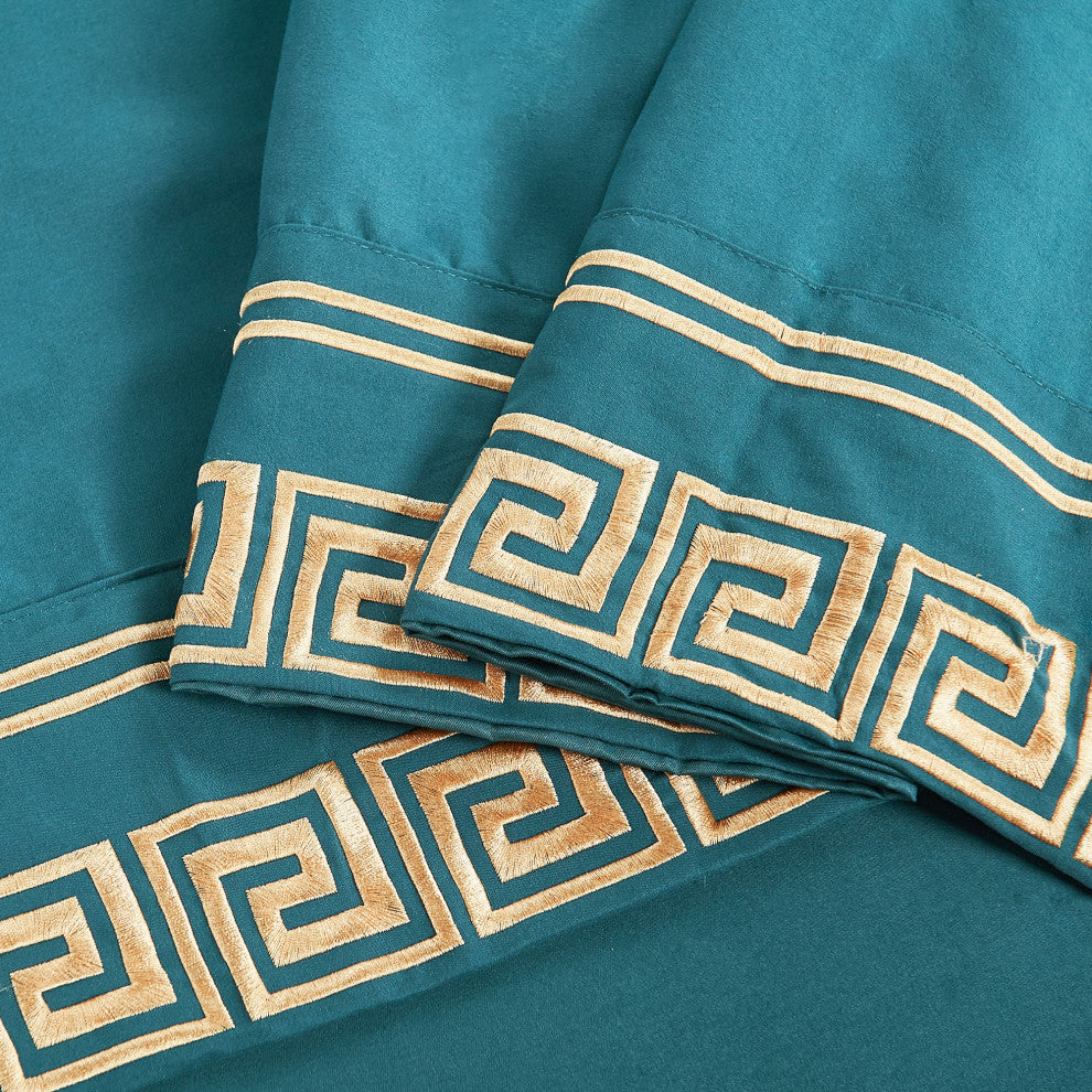 Serenta Greek Key Embroidered Microfiber 4 Piece Bed Sheet Set, Dark Teal, King