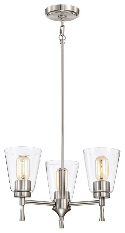 3-Light Brushed Nickel Modern Chandelier With Clear Cone Glass Shades