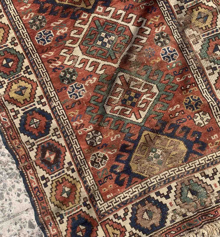 Handmade Antique Caucasian Kazak Rug 3.4'x4.4', 103cmx134cm 1880s