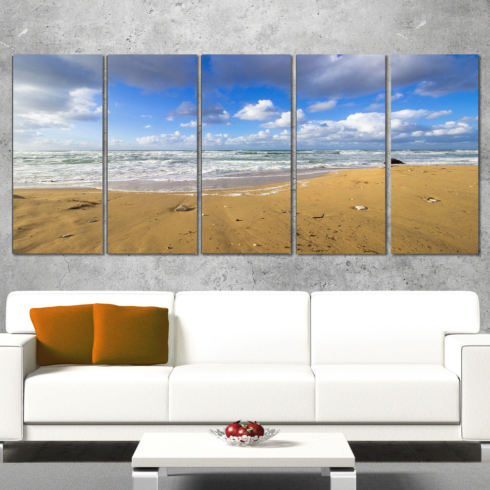"Sea Beach On Cloudy Winter Day" Seashore Canvas Print, 5 Panels, 60"x28"