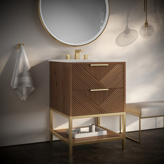 Diamond 24" Bath Vanity, Walnut/Satin Brass, 24", White Quartz Top