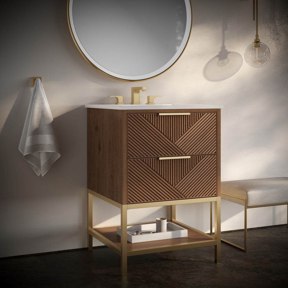 Diamond 24" Bath Vanity, Walnut/Satin Brass, 24", White Quartz Top