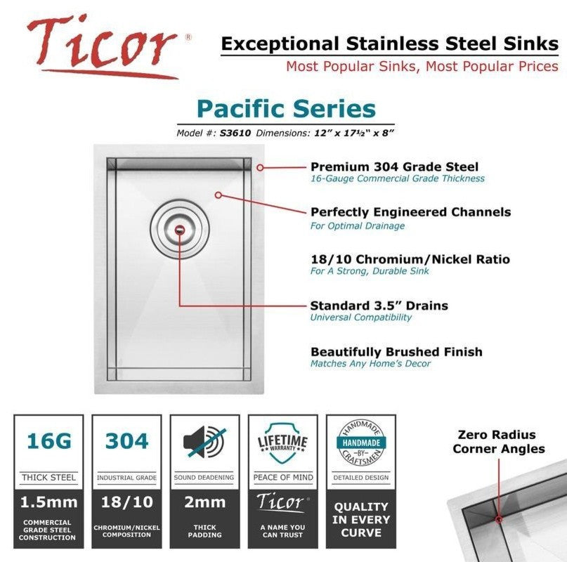 12" Zero Radius Undermount 16-Gauge Stainless Steel Kitchen and Bar Sink, Sink W