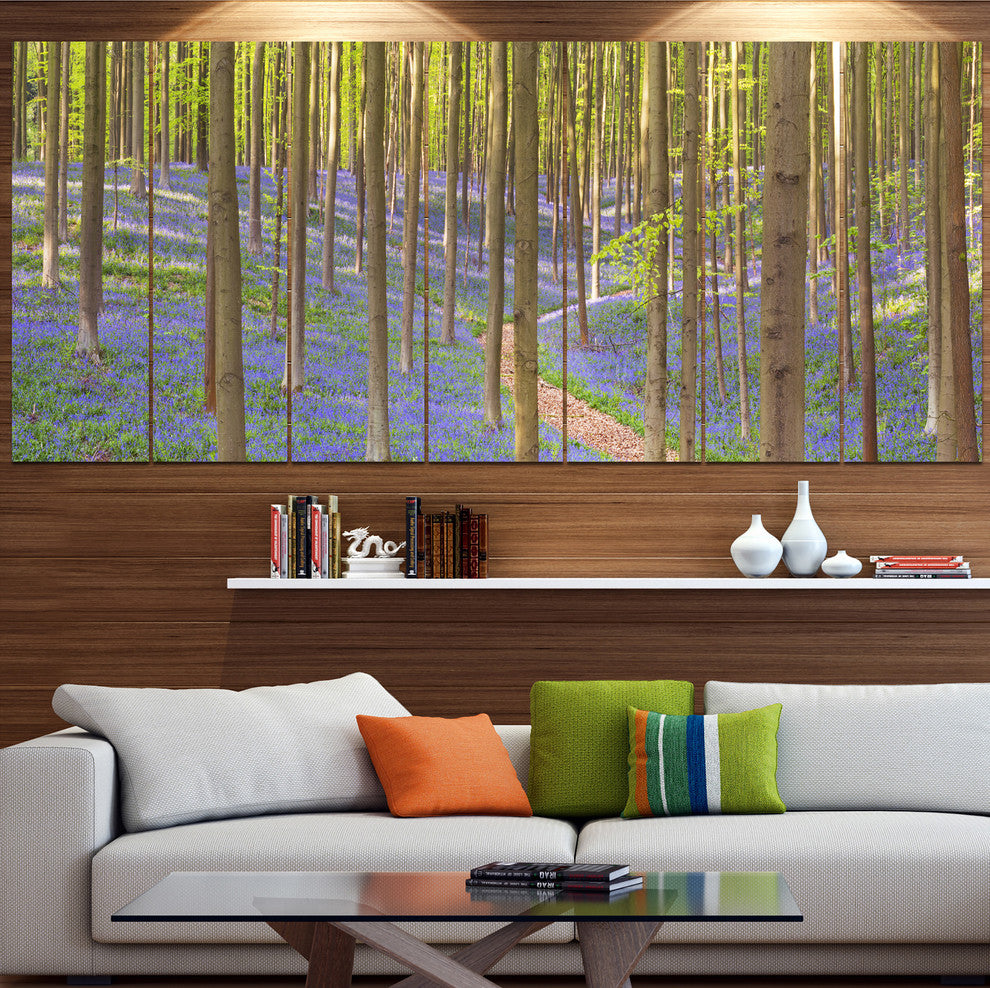 Blooming Bluebell Forest Panorama, Landscape Canvas Art Print, 83"x32", 7 Panels